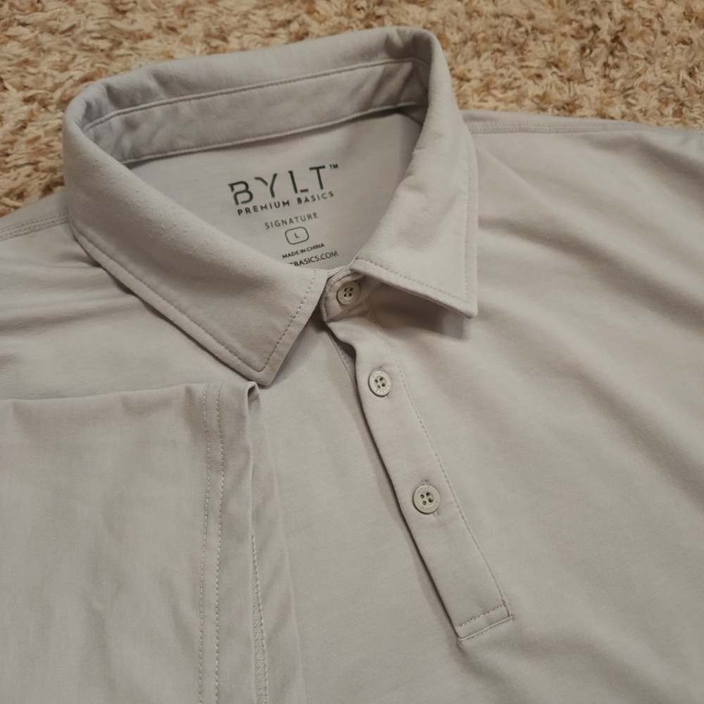 BYLT Premium Basics Polo Men Large Beige Signature Short Sleeve Curved Hem Tech